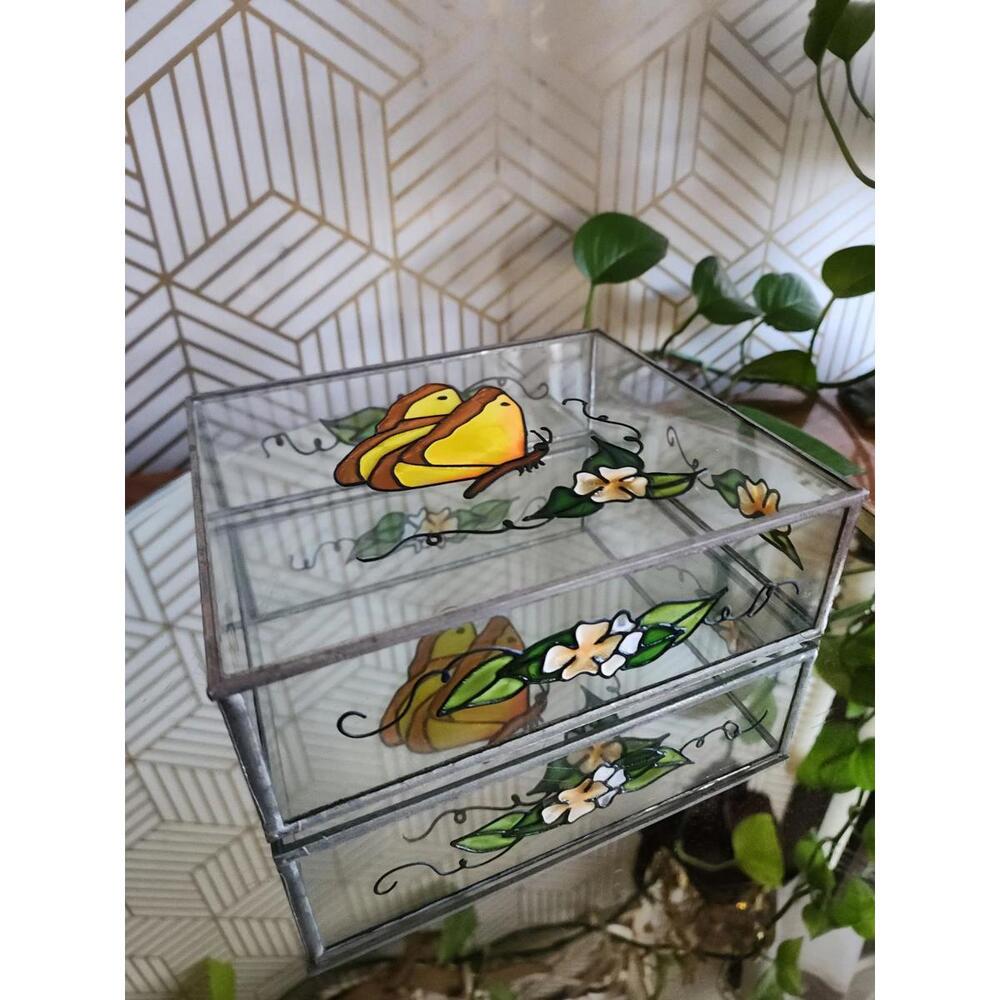 Vintage Painted Lead Glass Yellow Birds Flowers Jewelry Box